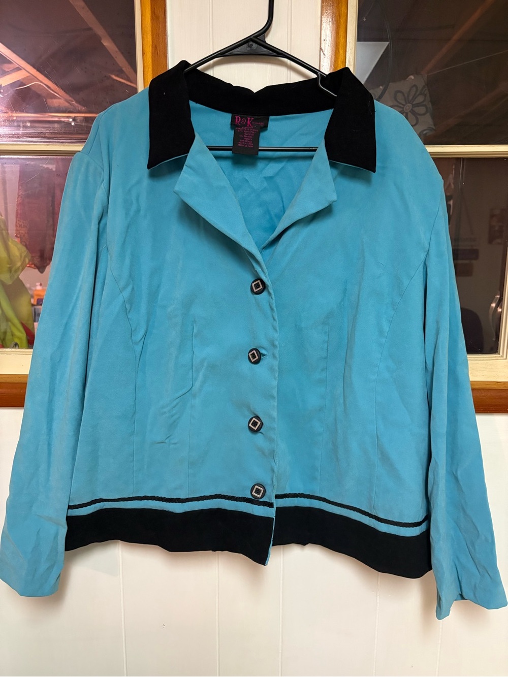 Teal Button-Front Blazer with Black Trim